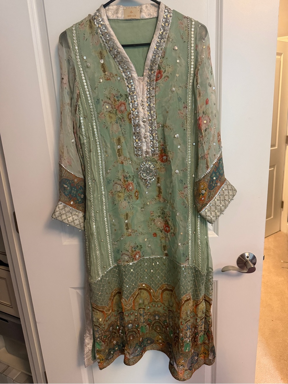 Heritage Pakistani Shilwar Kameese Embellished print Mint Green